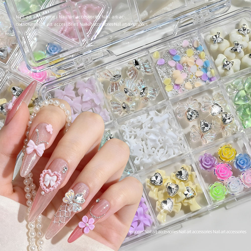 Resin Art Rose Petals - 12グリッドミックスレジンボウローズネイルアートチャームオーロラバタフライネイルラインストーン半透明ハート型パール花びらマニキュア