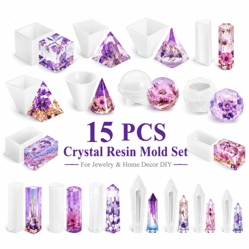 Resin Art Anime - 15個入りクリスタルレジンシリコンモールドセット、ジュエリー収納、リングホルダー、ペンダント、装飾品、家の装飾、手作りのクリスマスプレゼント用のユニークなデザイン