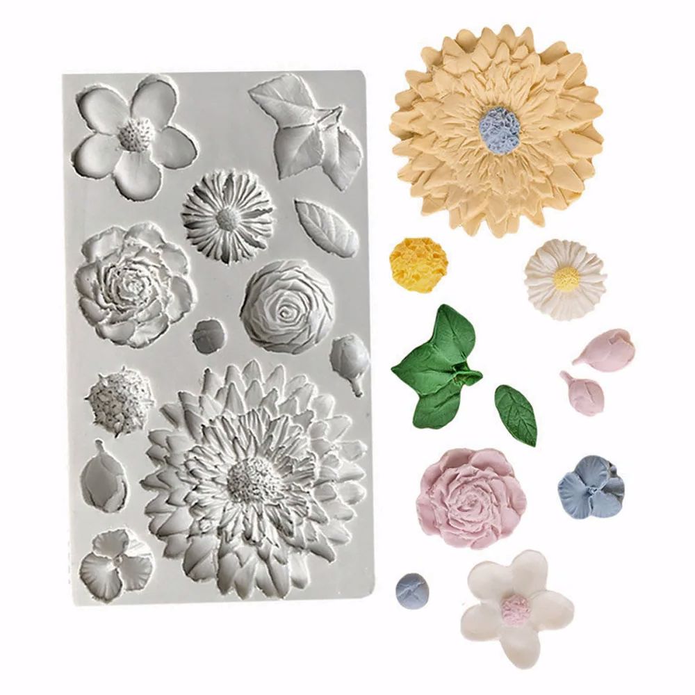 Resin Art Rose Petals - ひまわりの花びらと葉のシリコンフォンダン型 チョコレートケーキデコレーション用 ベーキングシュガーアートクレイ型 ローズレジン粘土花