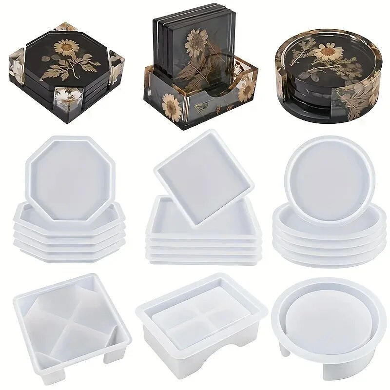 Resin Art Kit For Beginners - コースター樹脂モールドセットには、コースター収納ボックスモールド1個、エポキシ樹脂用シリコーン樹脂コースターモールド4個が含まれます。