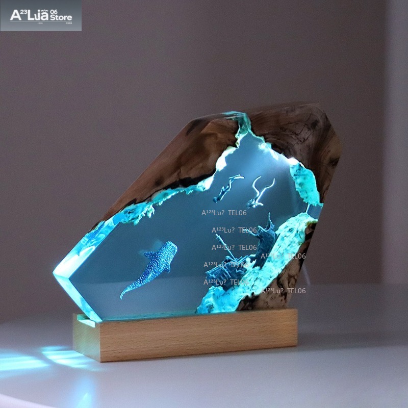 木製樹脂ナイトライトオーシャンアートデスクデコレーションサメ - Resin Art With Wood のレビューと価格