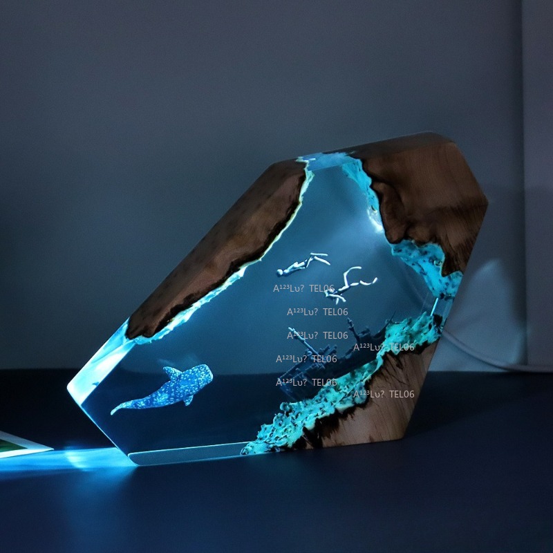 木製樹脂ナイトライトオーシャンアートデスクデコレーションサメ - Resin Art With Wood のレビューと価格