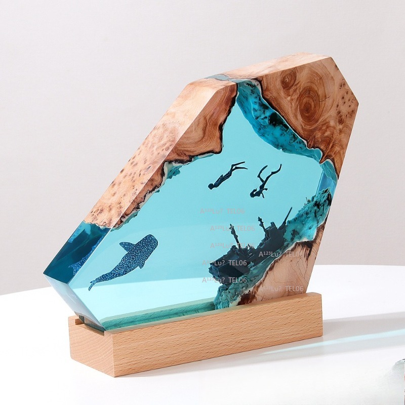 木製樹脂ナイトライトオーシャンアートデスクデコレーションサメ - Resin Art With Wood のレビューと価格