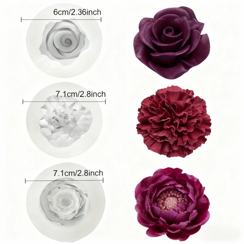 3ピースのバラ、牡丹、カーネーションのシリコン型、キャンドル - Resin Art Rose Petals のレビューと価格